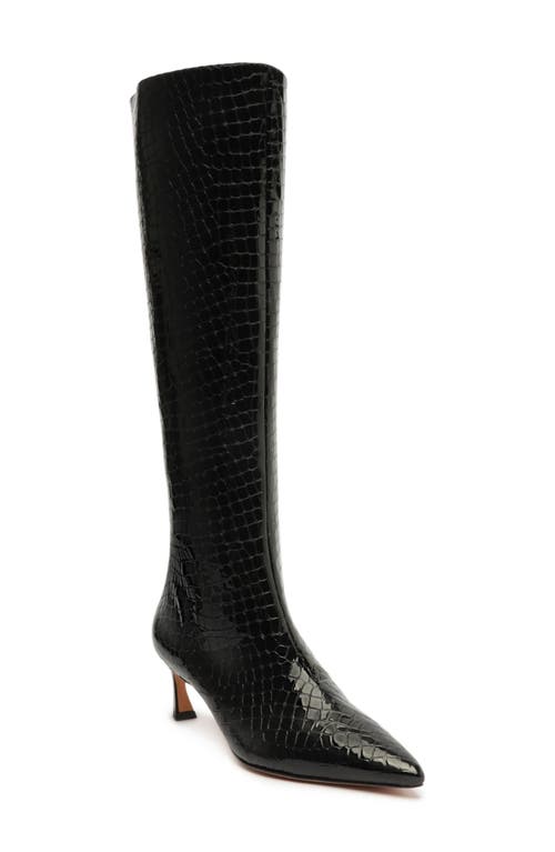 Kyra Croc Embossed Pointed Toe Knee High Boot in Black