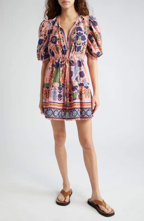 FARM Rio Seashell Tapestry Floral Clip Dot Puff Sleeve Minidress Pink at Nordstrom,