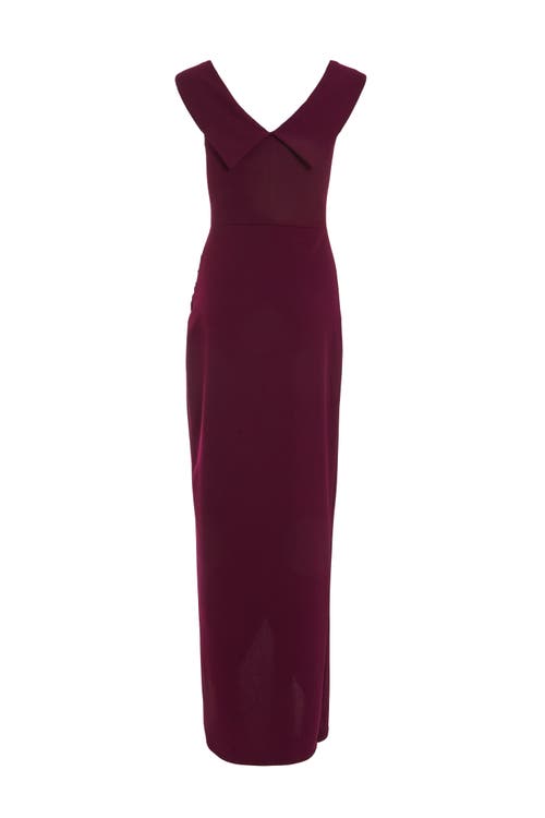 Shop Quiz Scuba Crepe Wrap Bardot Maxi Dress In Plum