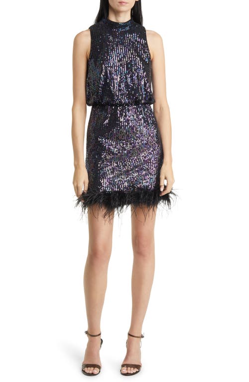 Eliza J Feather Trim Sequin Blouson Minidress Black Multi at Nordstrom,