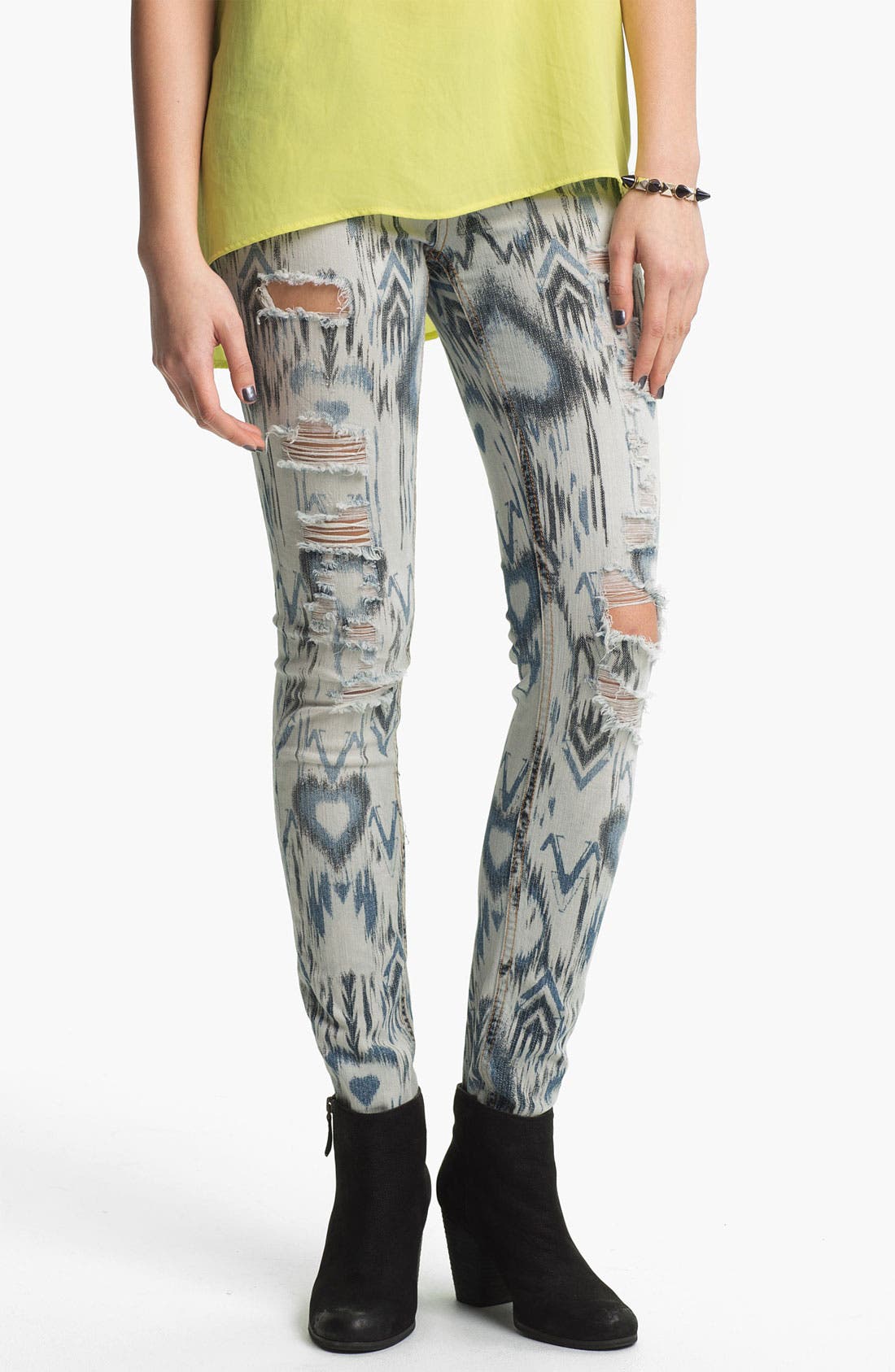 Fire Destroyed Print Denim Skinny Jeans (Juniors) Nordstrom