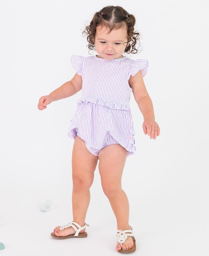 Shop Rufflebutts Baby Toddler Sleeveless Waist Ruffle Romper In Lavender Seersucker