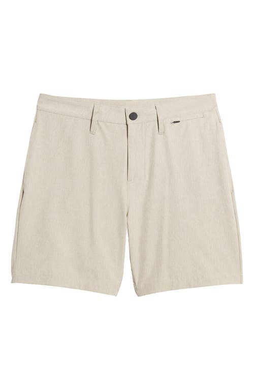 Shop Zella 7-inch Flat Front Stretch Chambray Shorts In Tan Aluminum