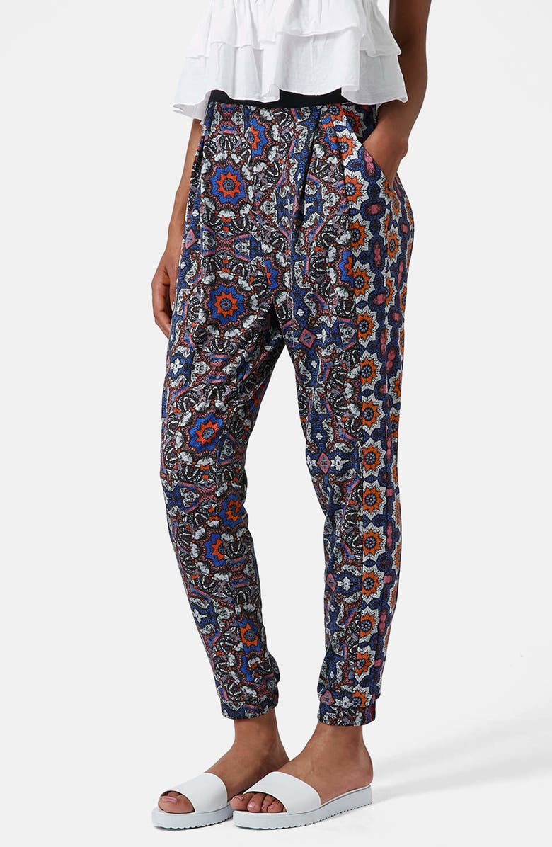 TOPSHOP Kaleidoscope Print Tapered Pants, Main, color, BLUE MULTI