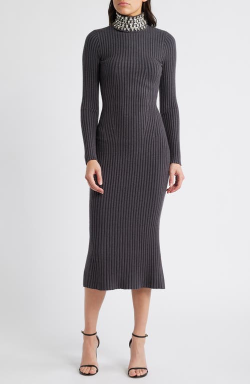 Bebe Crystal Neck Long Sleeve Rib Midi Dress In Charcoal