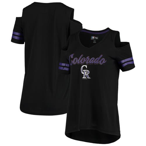 Women's G-III 4Her by Carl Banks Black Colorado Rockies Extra Inning Cold Shoulder V-Neck T-Shirt