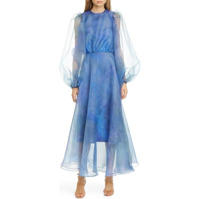 Beaufille Watercolor Print Long Sleeve Organza Gown, Blue