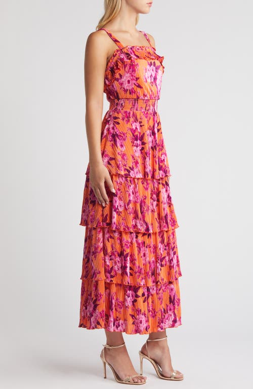 Chelsea28 Plissé Tiered Maxi Dress In Orange- Pink Blossoms