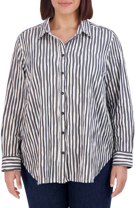 Stripe Crinkle Cotton Blend Button-Up Shirt (Plus Size)