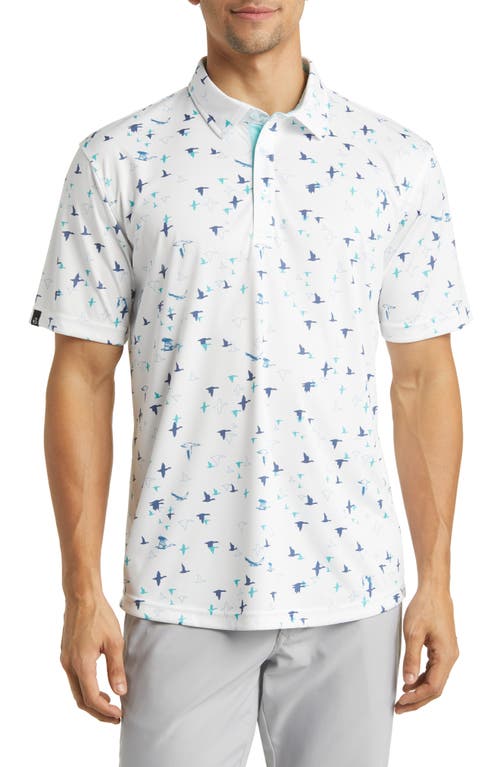 Swannies Corbin Bird Print Golf Polo White/Aqua at Nordstrom,