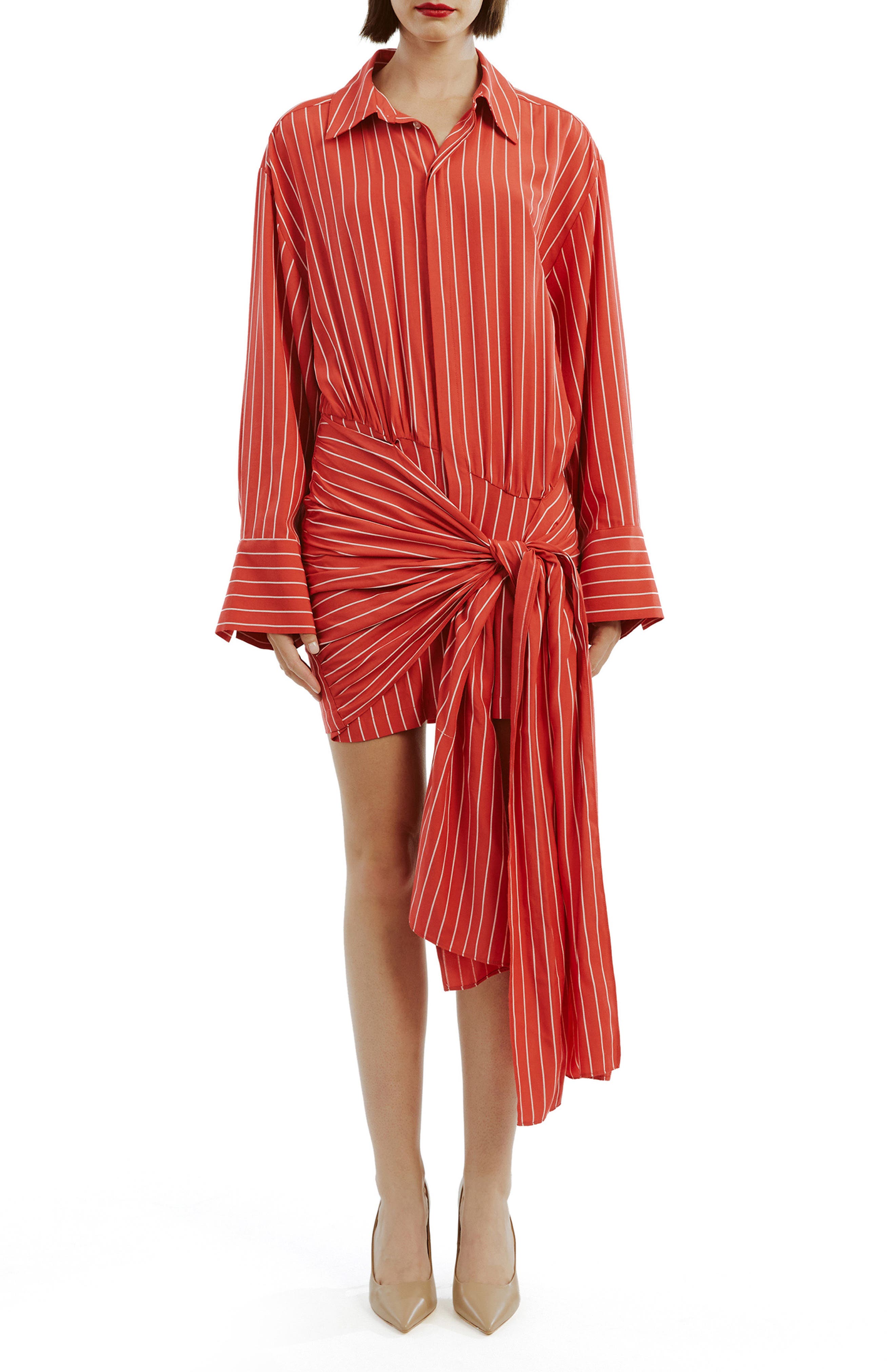 Bardot Malira Stripe Tie Long Sleeve Mini Shirtdress in White/Red