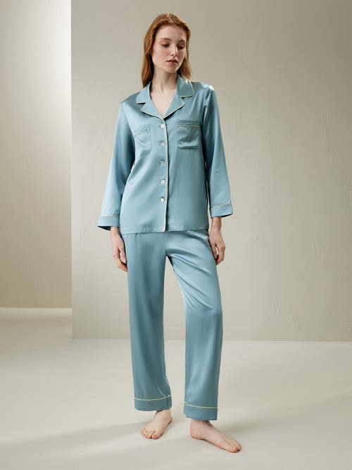 Shop Lilysilk 22mm Gold Piping Silk Pajamas Set In Blue Haze