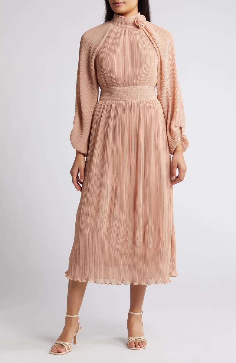 ZOE AND CLAIRE Long Sleeve Plissé Midi Dress | Nordstrom