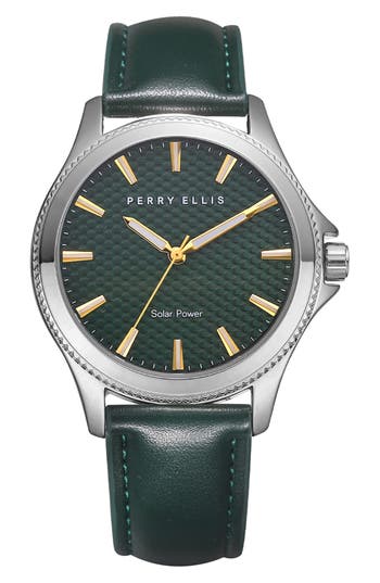 PERRY ELLIS PERRY ELLIS SOLAR POWERED 3-HAND QUARTZ LEATHER STRAP WATCH, 41MM