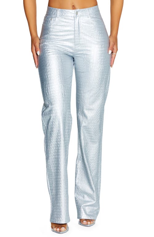 Straight Croc Faux Leather Straight Leg Pants in Silver