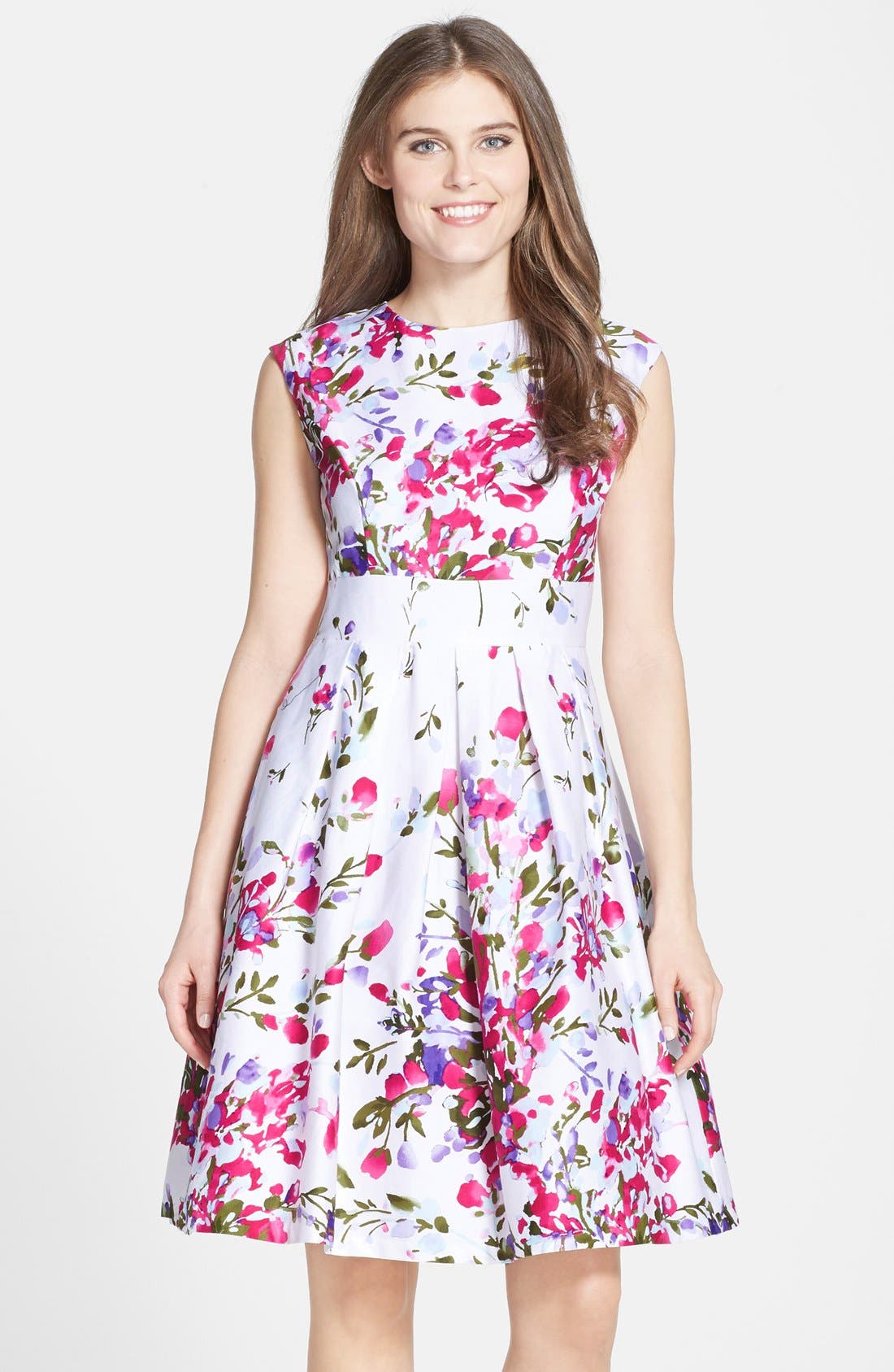 Chetta B Floral Print Pleated Cotton Fit & Flare Dress | Nordstrom