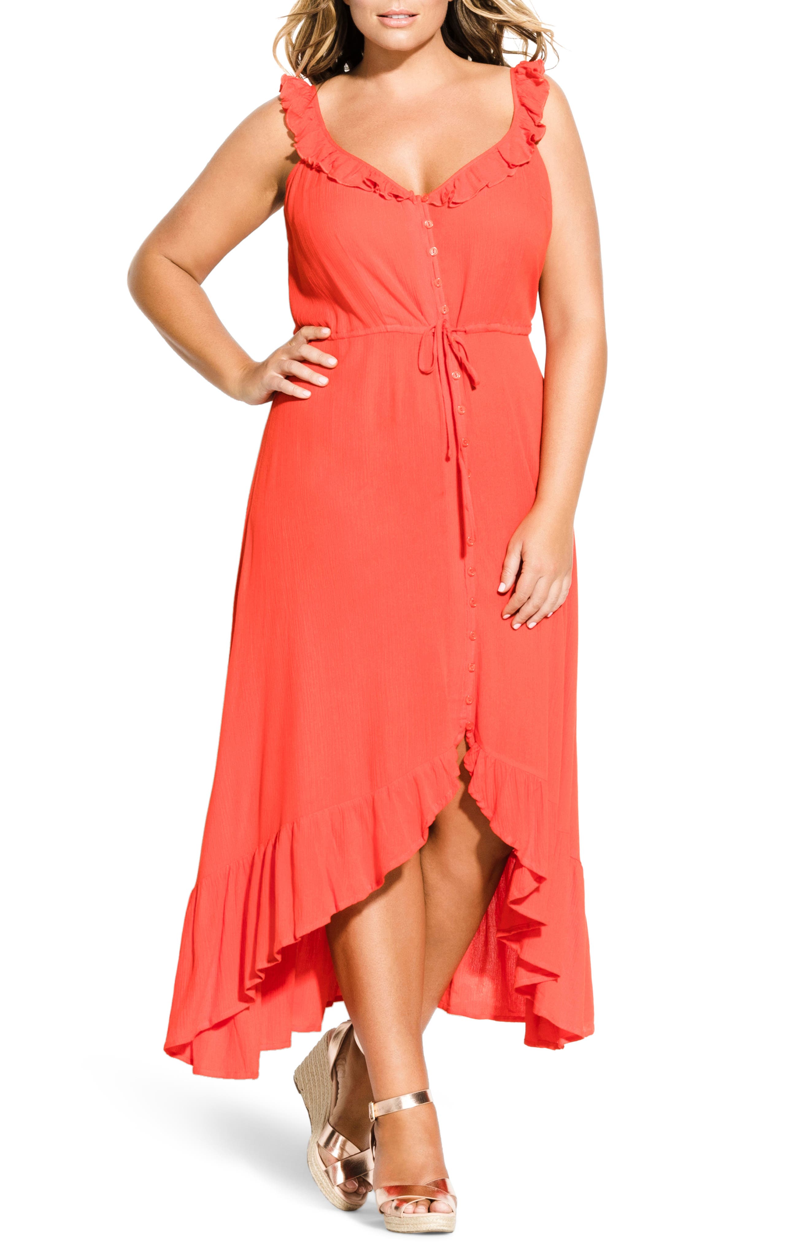 Plus Size City Chic Ruffle Trim Maxi Dress, Red