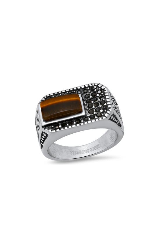 Hmy Jewelry Tiger's Eye & Cz Ring In Brown/ Silver