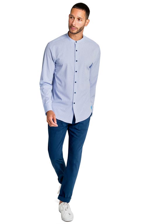 Brooklyn Brigade Micro Geo Recycled 4-way Stretch Performance Stand Collar Shirt In White/blue