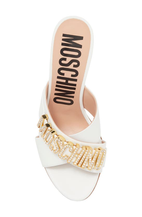 Shop Moschino Crystal Embellished Logo Hardware Slide Sandal In White