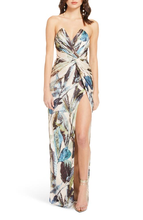 Katie May Finn Strapless Column Gown in Teal Foliage