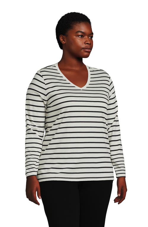 Shop Lands' End Plus Size Relaxed Supima Cotton Long Sleeve V-neck T-shirt In Ivory/black Breton Stripe