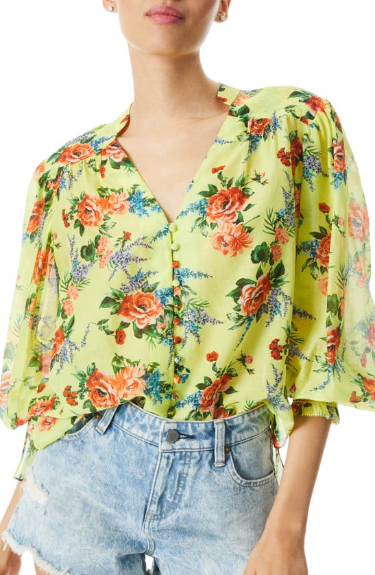ALICE AND OLIVIA SERENA FLORAL PRINT PUFF SLEEVE COTTON & SILK SHIRT