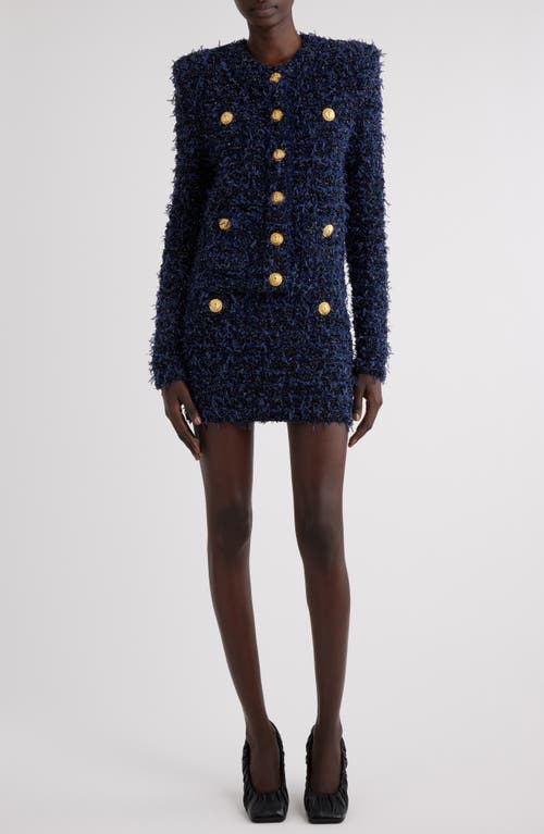 Balmain Blue Collarless Jacket With Gold Buttons In Tweed Woman In 6bo Midnight/blue