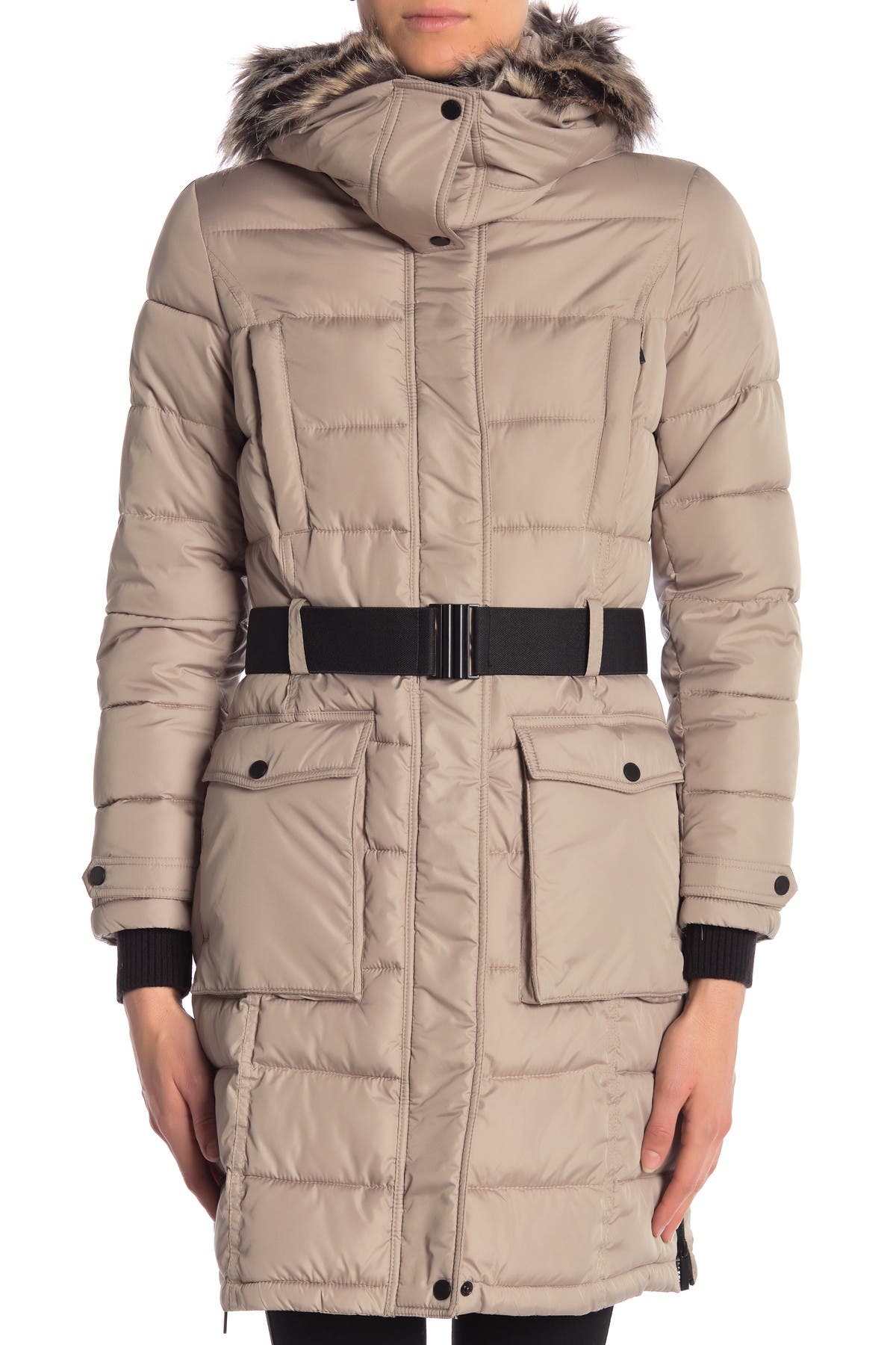 french connection waist belt quilted faux fur hooded jacket