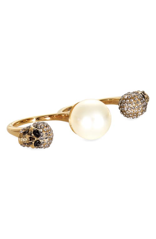 Alexander McQueen Imitation Pearl & Pavé Skulls Double Band Ring in 2375 Antique Gold - Pearl