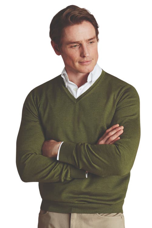 Charles Tyrwhitt Pure Merino V Neck Sweater in Moss Green 