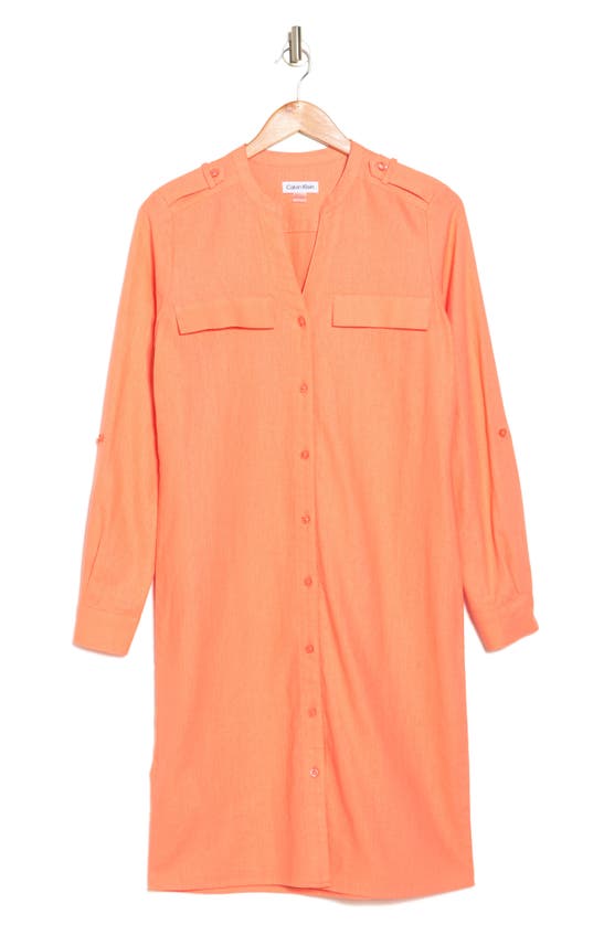 Shop Calvin Klein Front Button Long Sleeve Linen Blend Dress In Melon