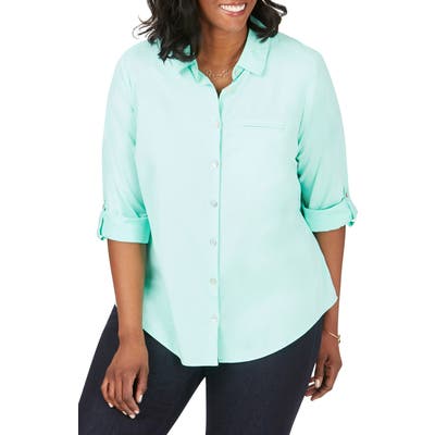 Plus Size Foxcroft Reese Solid Upf Wrinkle Free Shirt, Green