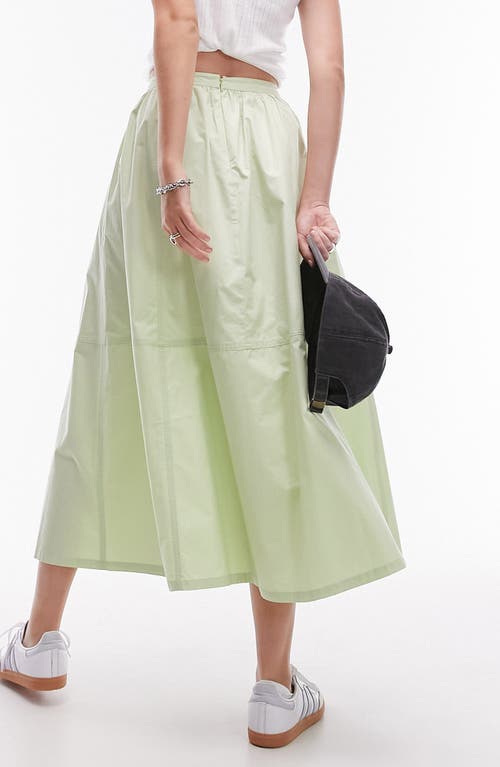 Shop Topshop Cotton Poplin Midi Skirt In Light Green