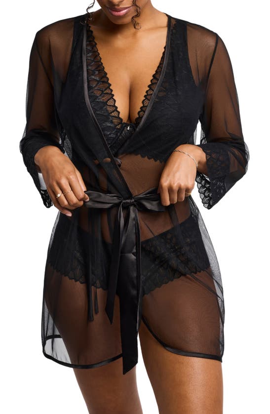 Montelle Intimates Lacy Lace Trim Mesh Robe In Black