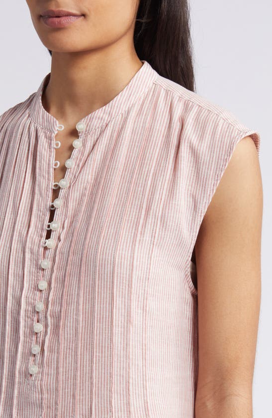 Shop Caslon Stripe Pintuck Detail Linen Blend Dress In Pink Canyon- Ivory Leah Stripe