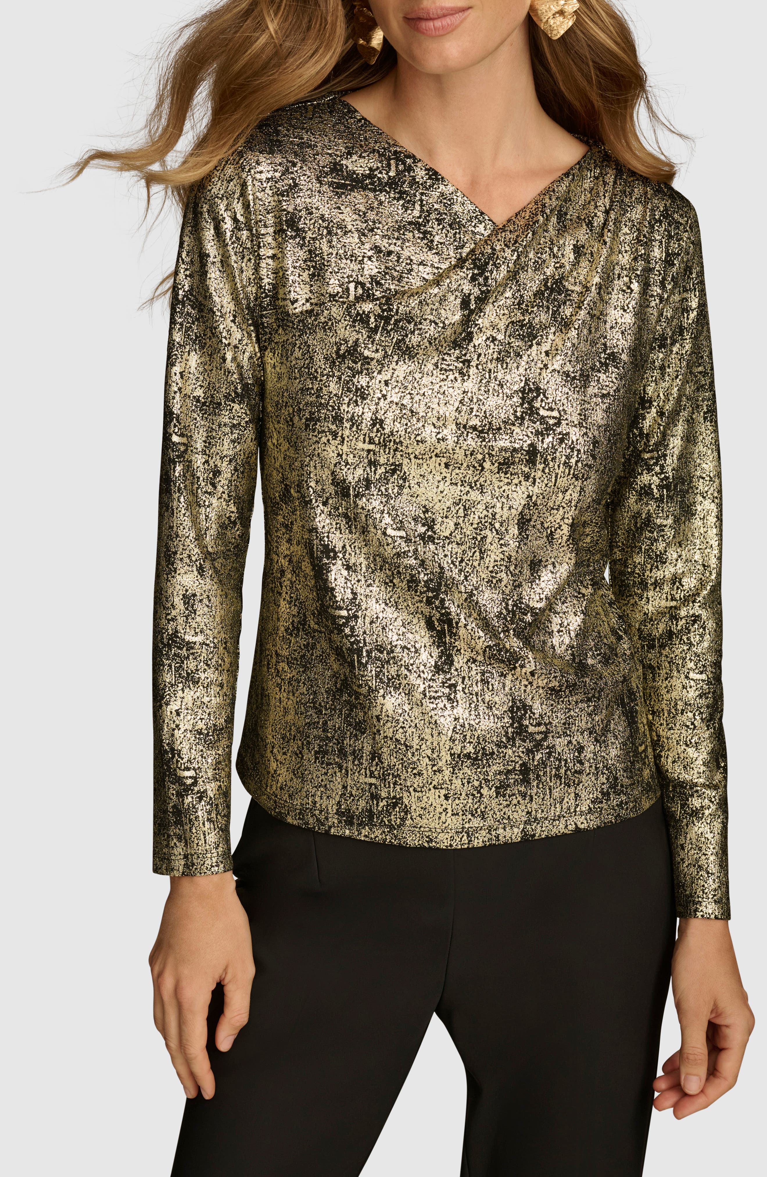 DONNA KARAN Metallic Long Sleeve Top in Gold Multi 
