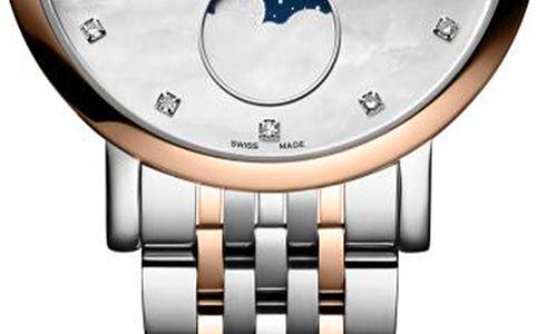 Shop Longines Elegant Collection Diamond Moonphase Bracelet Watch, 30mm In White Mother-of-pearl