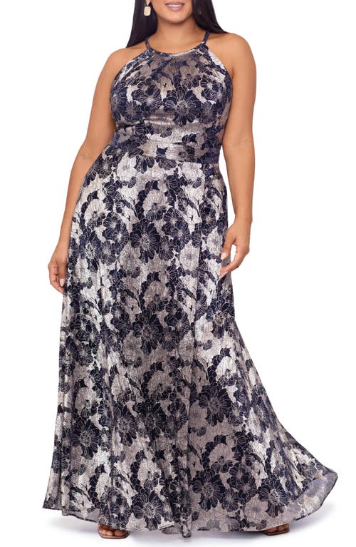 BETSY & ADAM BETSY & ADAM METALLIC FLORAL GOWN