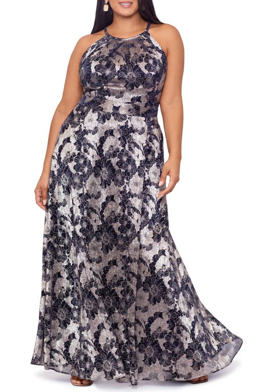 Betsy & Adam Metallic Floral Gown In Navy/gunmetal