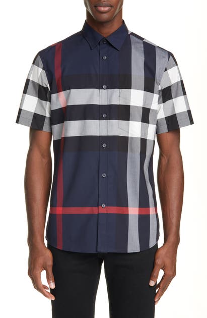 Burberry Short-sleeve Check Stretch Cotton Poplin Shirt In Blue | ModeSens