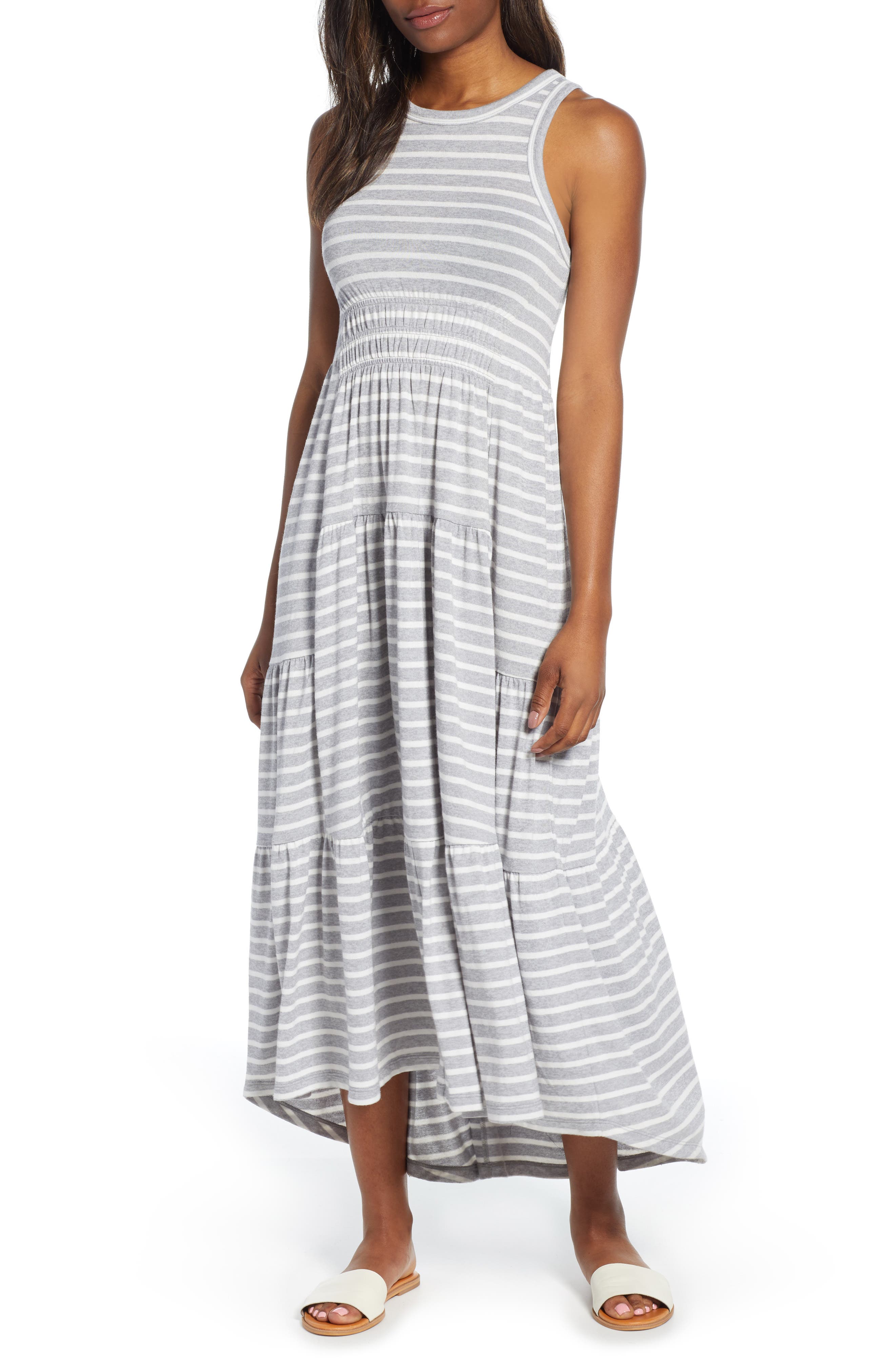 Lucky Brand Smocked Linen Blend Dress, Grey