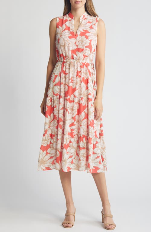 Shop Anne Klein Floral Sleeveless Tiered Midi Dres In Red Pear/bright White Multi