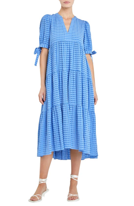 Shop English Factory Gingham Tiered Midi Dress In Cobalt