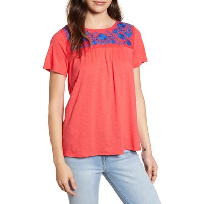 Petite Gibson X Hi Sugarplum! Savannah Embroidered Yoke Tee, Pink (Regular & Petite) (Nordstrom Exclusive)