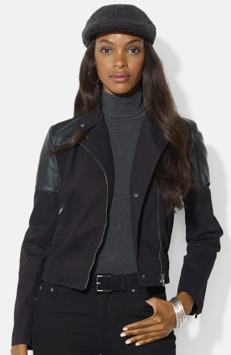 Lauren Ralph Faux Leather Trim Denim Moto Jacket