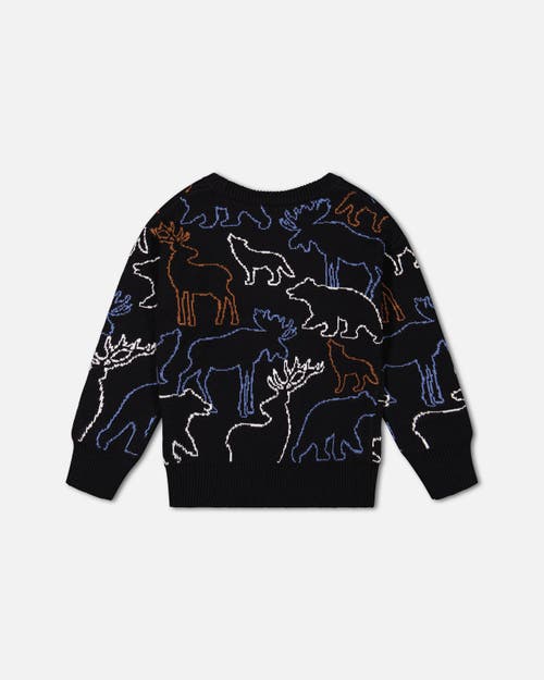 Shop Deux Par Deux Little Boy's Sweater With Intarsia Animal Forest Black In Anthracite