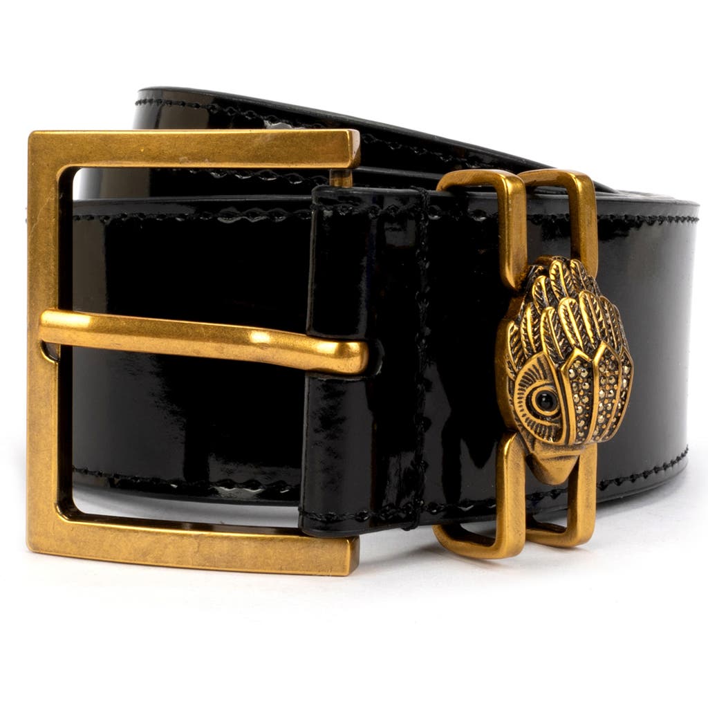 Kurt Geiger London Glossy Leather Belt In Black/antique Brass