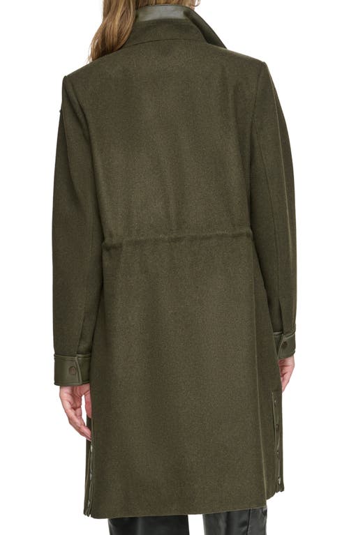 Andrew Marc Feather Leather Trim Wool Blend Coat In Artichoke