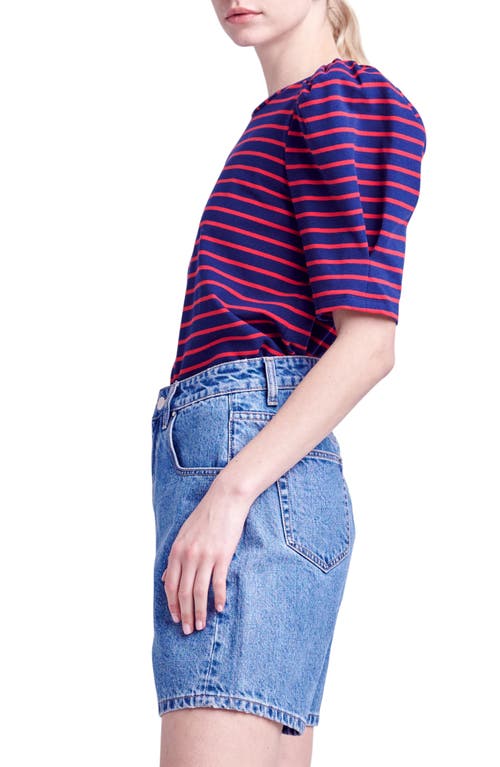English Factory Stripe Puff Sleeve Top In Navy/red